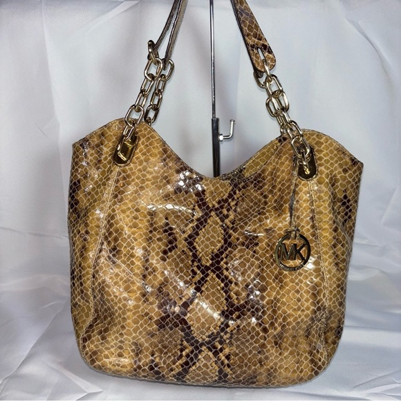 Michael Kors Large Lilly Tote Bag Brown Snake Print Tote Bag - Picture 1 of 13